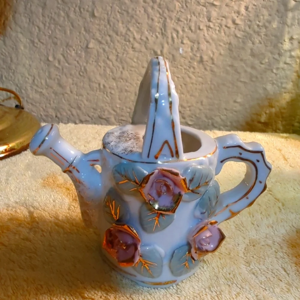 Vintage 1950's 3D Vase Pink Roses Ribbed Watering Can Gold Trim Chase Handpainte